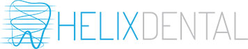 The image shows a logo with the text HELIX DENTAL and a stylized graphic resembling a toothbrush, accompanied by a phone number and a website address.