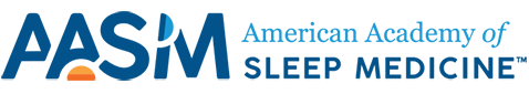 The image shows a logo with text that reads AASM SLEEP MEDICINE along with other smaller texts, set against a background that includes a graphic of a person sleeping and a stylized depiction of a building with the words AMERICAN ACADEMY OF SLEEP MEDICINE above it.