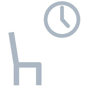 The image depicts a stylized icon of a person sitting on a chair with their legs crossed, holding a book, and looking at a clock above them.